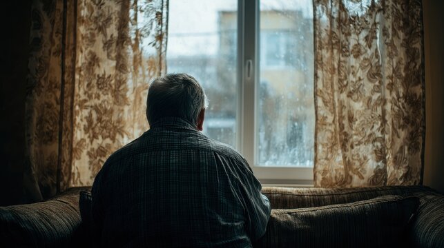 Sad older man sitting alone on a couch gazing out a window reflecting on emotional and health issues