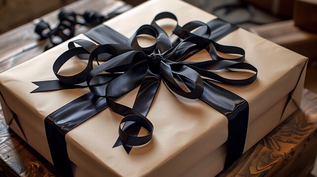 Elegant kraft paper wrapped present with luxurious black satin ribbon, perfect for sophisticated gifting and special occasions