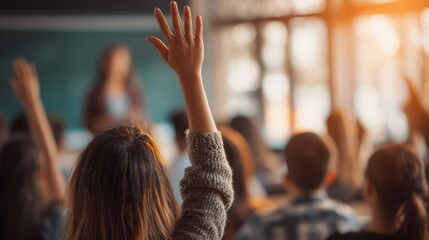 Girl in classroom engaged in learning asking questions and participating in discussions with a teacher and peers to gain knowledge and seek answers