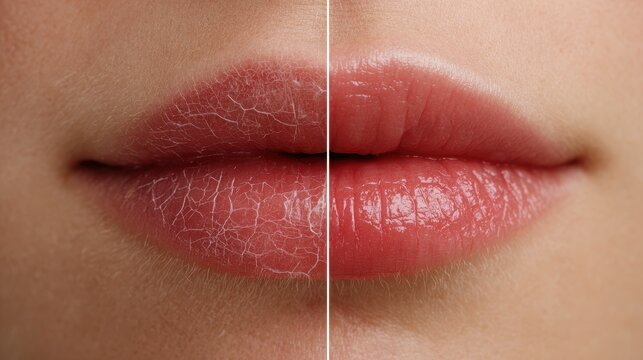 Extreme close up of dry cracked lips indicating a skin condition pre and post treatment Healthy woman s lips detailed view
