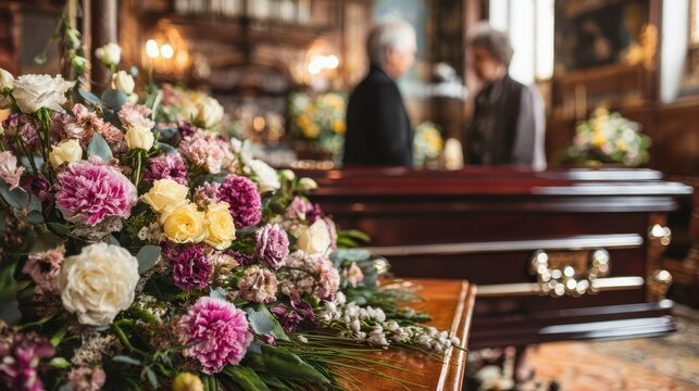 Sorrowful goodbye in church with couple near casket honoring loss and mourning Grief and empathy with man and woman remembering loved one at the memorial