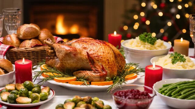 Traditional Christmas dinner with roasted turkey, mashed potatoes, green beans, cranberry sauce and bread rolls. Warm festive ambiance with candles. Cozy family feast.