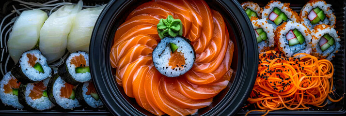 Fresh sushi platter featuring salmon sashimi and assorted rolls served in an elegant arrangement