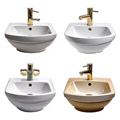 Four ceramic bathroom sinks with golden fixtures