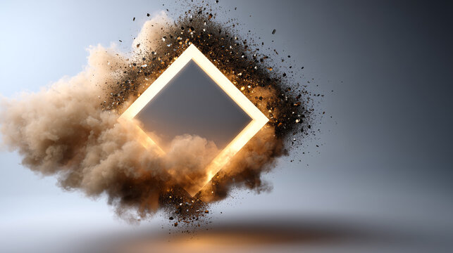 Abstract design with illuminated square frame emerging from a cloud of dust and debris creating a dynamic and captivating visual effect
