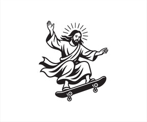 Religious Figure Skateboarding Illustration in Modern Black Silhouette Style