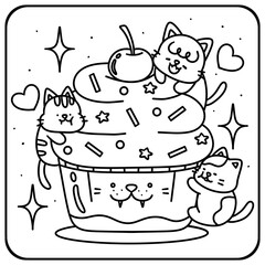 Cute Sweet Cat Coloring Page | Kawaii Dessert Kitty Line Art 03