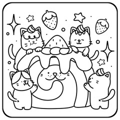 Cute Sweet Cat Coloring Page | Kawaii Dessert Kitty Line Art 01