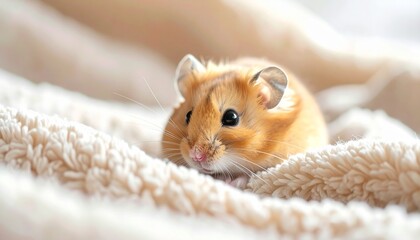 Close-up of a cute golden hamster resting on a soft blanket, showing detailed whiskers and a warm, cozy expression in a gentle setting.
