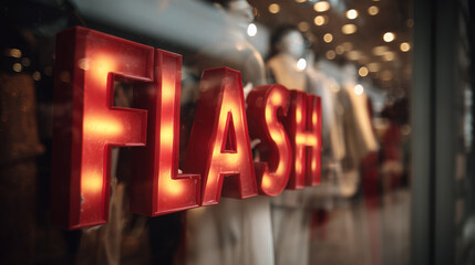 Bright Red Flash Sign Illuminating Retail Store Window Inviting Shoppers with Eye-Catching Appeal in Trendy Urban Environment