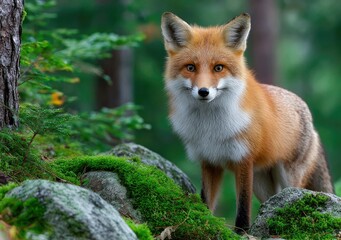 Obraz premium a fox standing on mossy rocks in the forest, motion capture