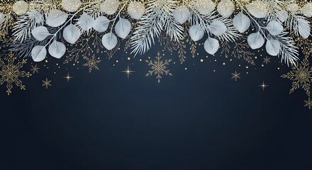 Christmas background with silver foliage and golden stars on dark blue. copy space 
