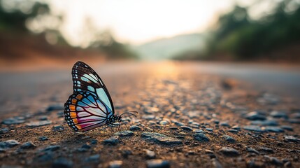 Vibrant butterfly with outstretched wings rests on rustic asphalt road during golden hour in rural India, showcasing natural beauty and vivid colors for wildlife conservation or eco-tourism themes.