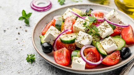 Close-up of Greek salad with feta cheese, sliced tomatoes, cucumbers, red onions, black olives. Concept of vibrant kitchen setting with cucumbers, tomatoes, feta, and olives.