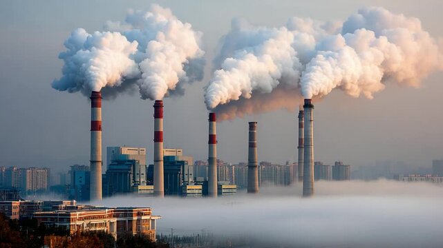 Environmental Pollution: Industrial chimneys belch plumes of smoke into the atmosphere, creating a scene that reflects on air pollution.