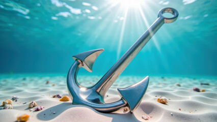 Shiny metal anchor rests sandy ocean floor, surrounded by seashells, illuminated by sun rays filtering through water, creating serene underwater