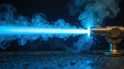 High tech device emits vibrant blue beam surrounded by swirling smoke and sparks, creating dynamic and futuristic atmosphere