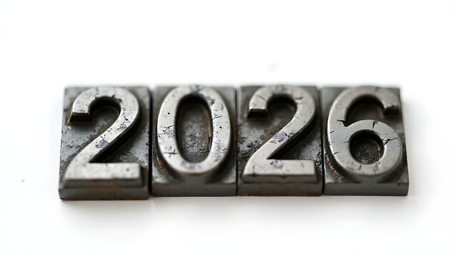 The year 2026 spelled out in old metal letterpress type on a white background