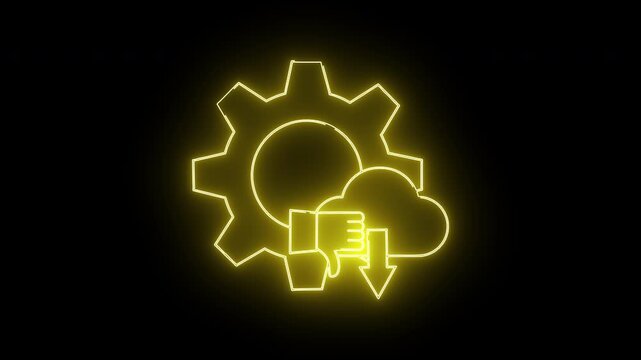 A neon yellow gear outline has a cloud and a downwardfacing thumbarrow within it