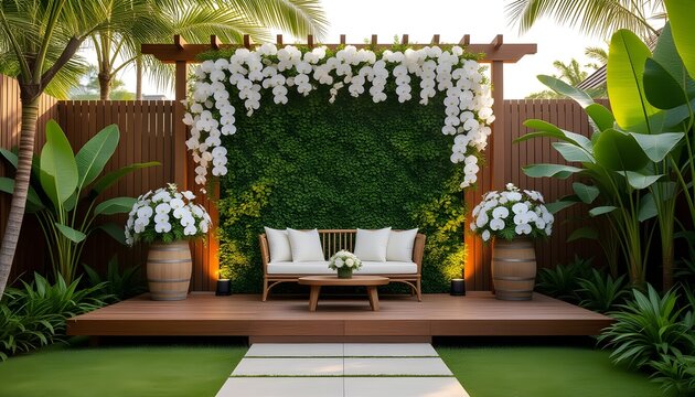 Garden-themed Malaysian wedding stage with greenery wall, white orchids, and rustic wooden accents