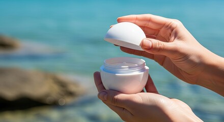 A person's hands delicately hold an open white jar of creamy skincare product, revealing its texture against a beautifully blurred turquoise ocean backdrop on a bright, sunny day