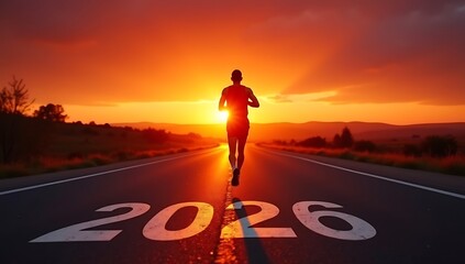 Man running towards the sunrise on a road with 2026 painted on it