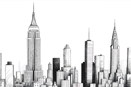 Detailed Sketch of New York City Skyline Featuring Iconic Skyscrapers and Urban Architecture Perfect for Travel and Design Projects