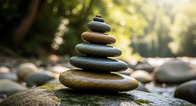 Find inner peace with stacked stones by a stream in a vibrant lush forest
