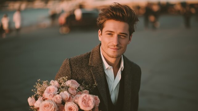 Young man smiles while holding a bouquet of pink roses on a sunny day near the beach at sunset in a casual yet stylish outfit