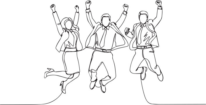 Line art of business people jumping for joy. Team success, achievement, and celebration.