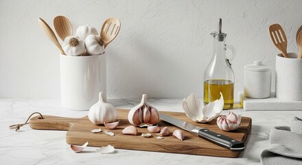 Culinary still life of fresh garlic bulbs and cloves on a wooden cutting board with a knife, olive oil, and utensils in a bright, modern kitchen with a marble countertop