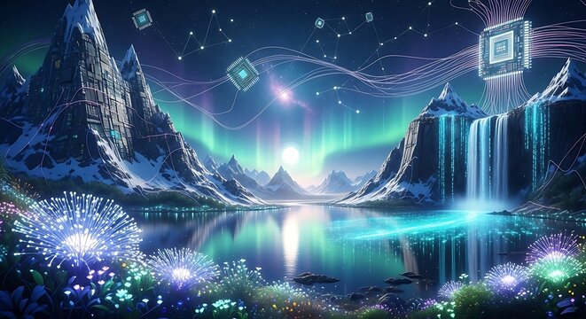 Scenic mountain landscape with digital overlay and glowing elements