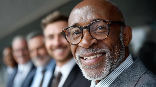 Confidence in Line: A portrait of a wise and experienced businessman, exuding confidence as he stands in a line of colleagues, embodying the essence of leadership and experience.