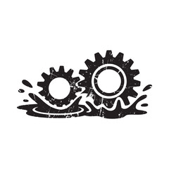 Two interlocking gears splashing in water with a distressed texture