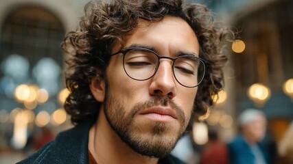 Contemplation in the City: A close-up portrait of a thoughtful man with closed eyes, his curly hair and glasses, set against a blurred city backdrop. - Powered by Adobe