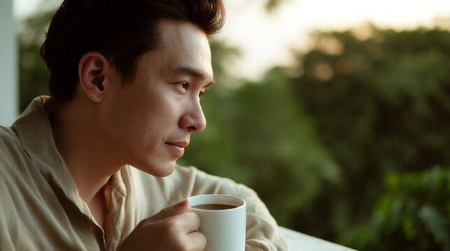 Portrait of happy Asian man with cup of coffee outdoors.