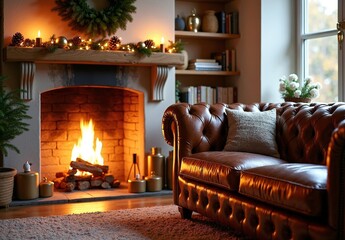 Warm holiday living room with glowing fireplace, decorated wreath, pinecones, gold accents and brown leather Chesterfield sofa.