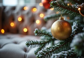Sharp focus on a golden bauble dusted with snow on a fir branch, blurred sofa and warm string lights glowing in background.