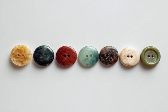 Colorful assorted round buttons arranged in a neat row on a clean white background