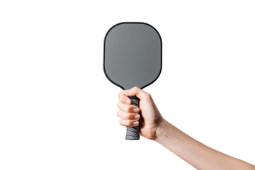 A hand holds a gray paddle, front view