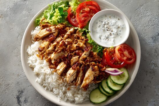 Chicken shawarma platter with spiced grilled chicken, white rice, fresh cucumbers, tomatoes, and tzatziki sauce. Concept of flavorful Mediterranean cuisine appeal.
