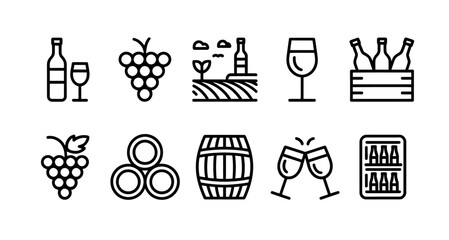 Naklejka premium Collection of wine-related icons, including bottles, grapes, barrels, and wine glasses
