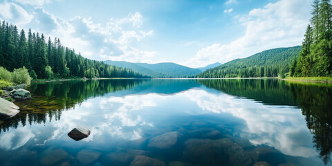 Stunning panoramic view of a crystal-clear alpine lake reflecting snow-capped mountains, evergreen forests, and bright blue sky with white clouds, creating a serene and majestic wilderness scene.