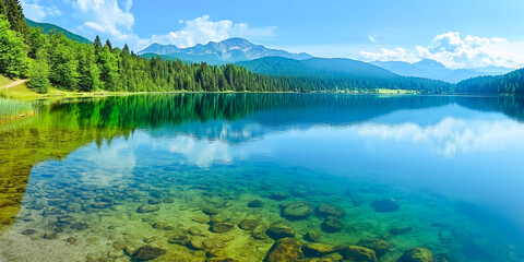 Stunning panoramic view of a crystal-clear alpine lake reflecting snow-capped mountains, evergreen forests, and bright blue sky with white clouds, creating a serene and majestic wilderness scene.