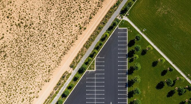 A striking aerial drone view captures the sharp boundary between an arid, undeveloped landscape and a modern suburban area with an empty parking lot and manicured green lawn