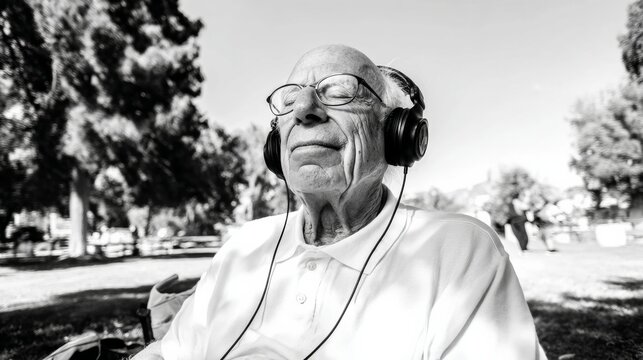 Senior man with headphones listening to music outdoors in black and white peaceful relaxed lifestyle portrait