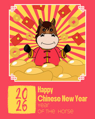 Cute Chinese New Year 2026, Horse. Happy horse mascot in traditional attire emerging from gold ingots. The background features a red-yellow sunburst, coins, and flying red envelopes. 