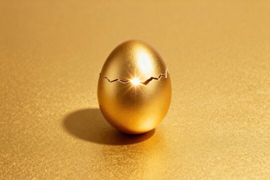 A golden egg with cracks on top sitting on a gold surface with a bright light shining through