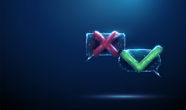 Two chat bubbles with red cross, green check mark Decision making, approval, rejection, feedback evaluation, user response flow, inquiry resolution, communication status concept.