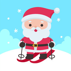 Cute Santa Claus Skiing in a Snowy Winter Landscape with Falling Snowflakes